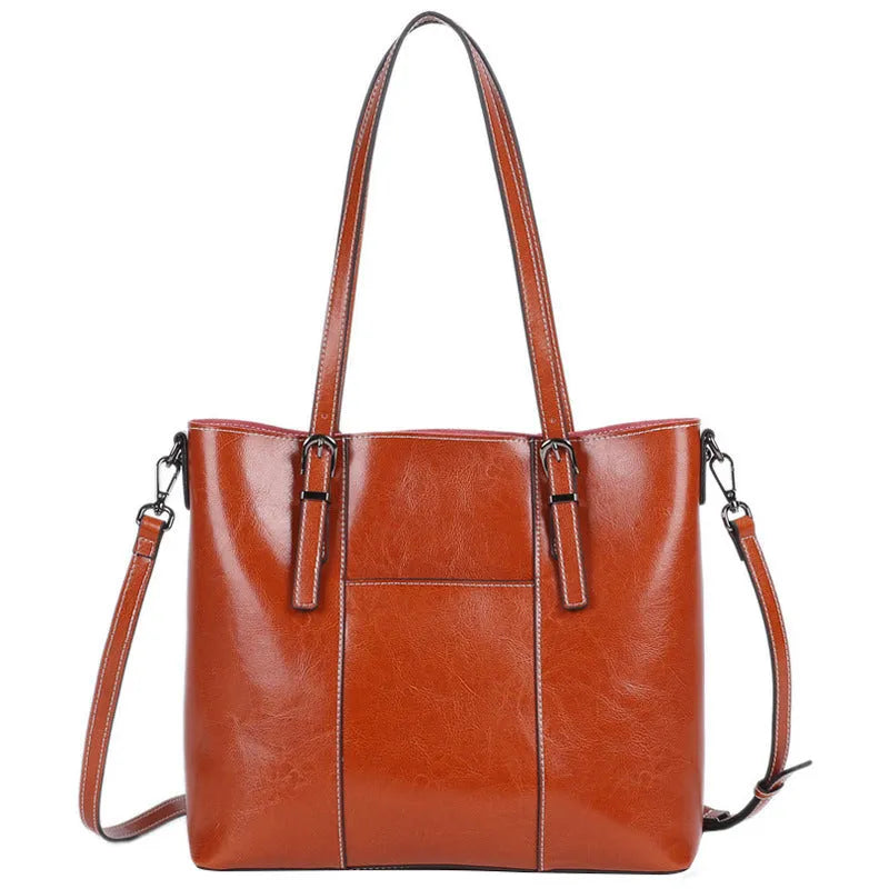 Brown genuine leather women's retro shoulder bag with three straps and multiple pockets