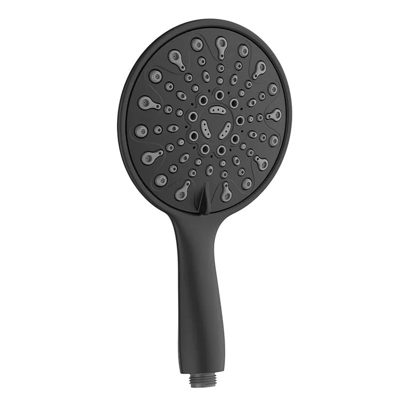 Silver electroplated handheld shower head with massage, bubble, and rain spray settings.