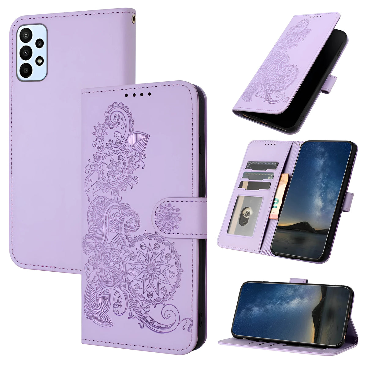 Samsung leather phone case with embossed datura flowers and flip card slot, available in multiple colours