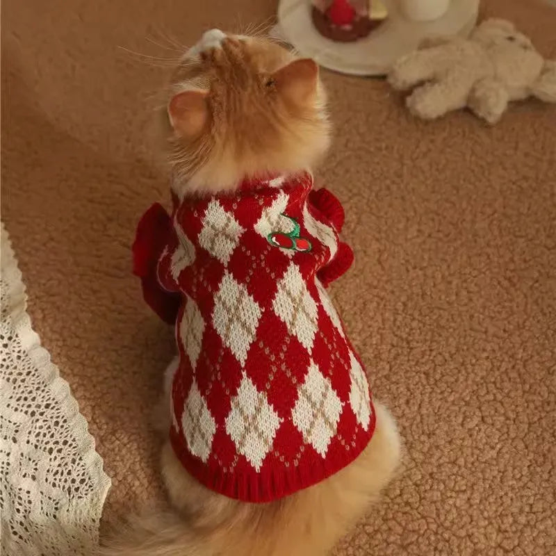Red cat sweater with rhombic diamond embroidery pattern, a knitted polyester jumper for pets.
