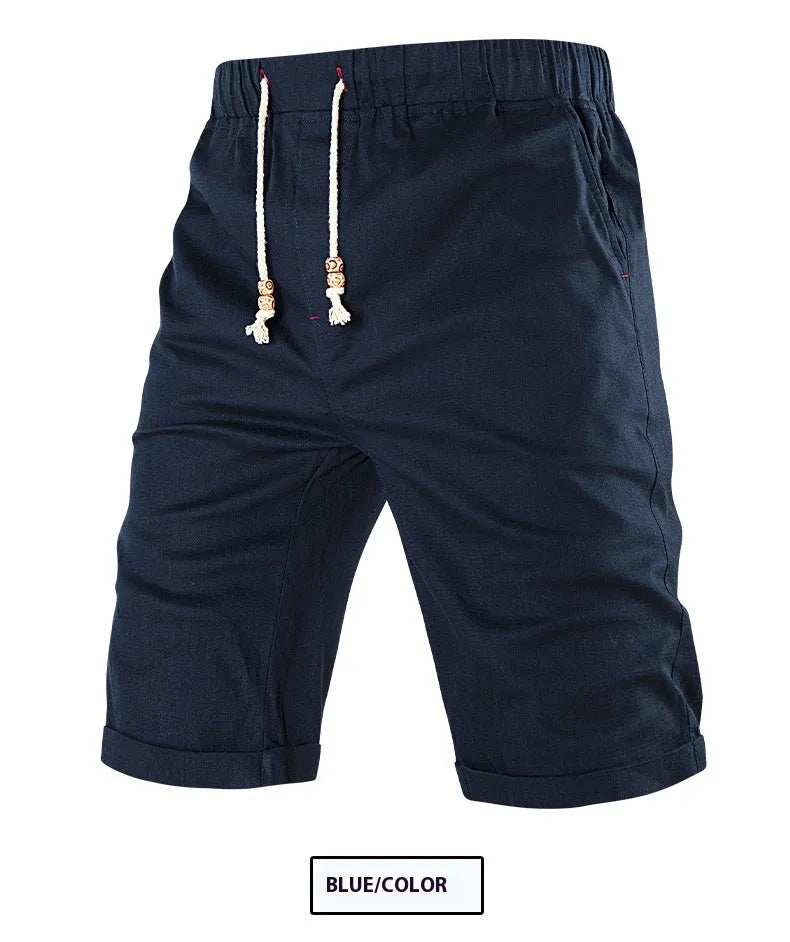 Men's straight-leg summer shorts with zipper pockets and drawstring waistband in cotton blend fabric