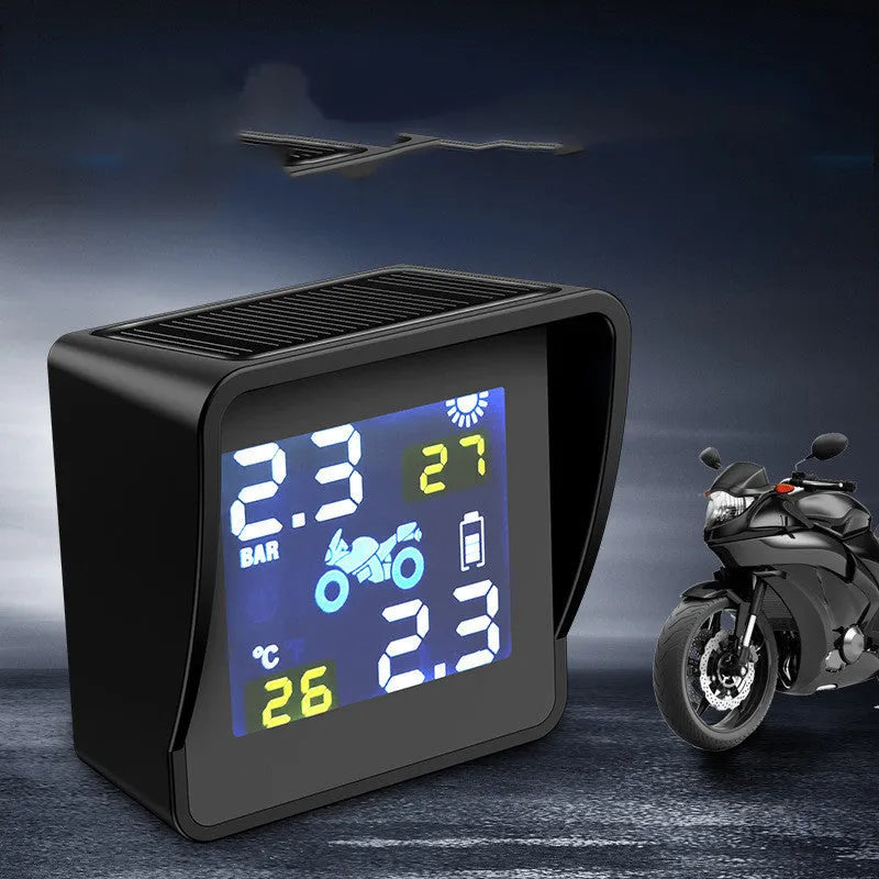 Solar digital tyre pressure monitor for motorcycles, PC material, black, with digital display