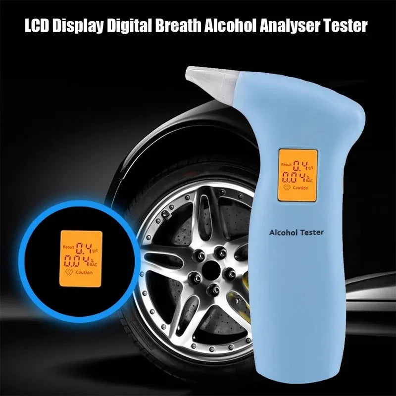 Portable orange light breath alcohol tester in black or blue casing with four separate mouthpieces.