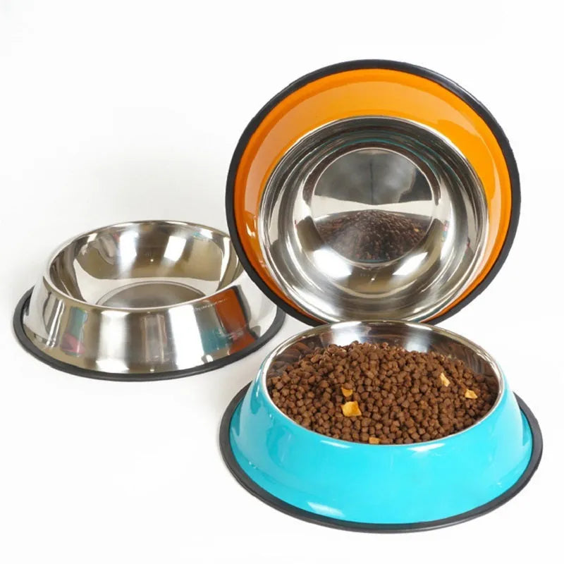 Stainless steel and colourful melamine dual pet bowl with non-slip base for food and water feeding