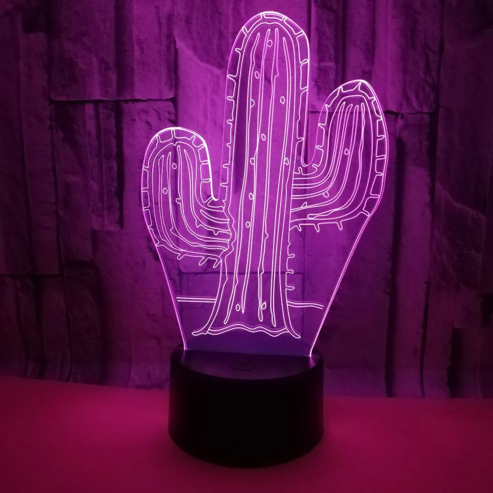Cactus 3D night light with touch button, 7 colour LED, USB or AAA battery power, 87x87x42mm base