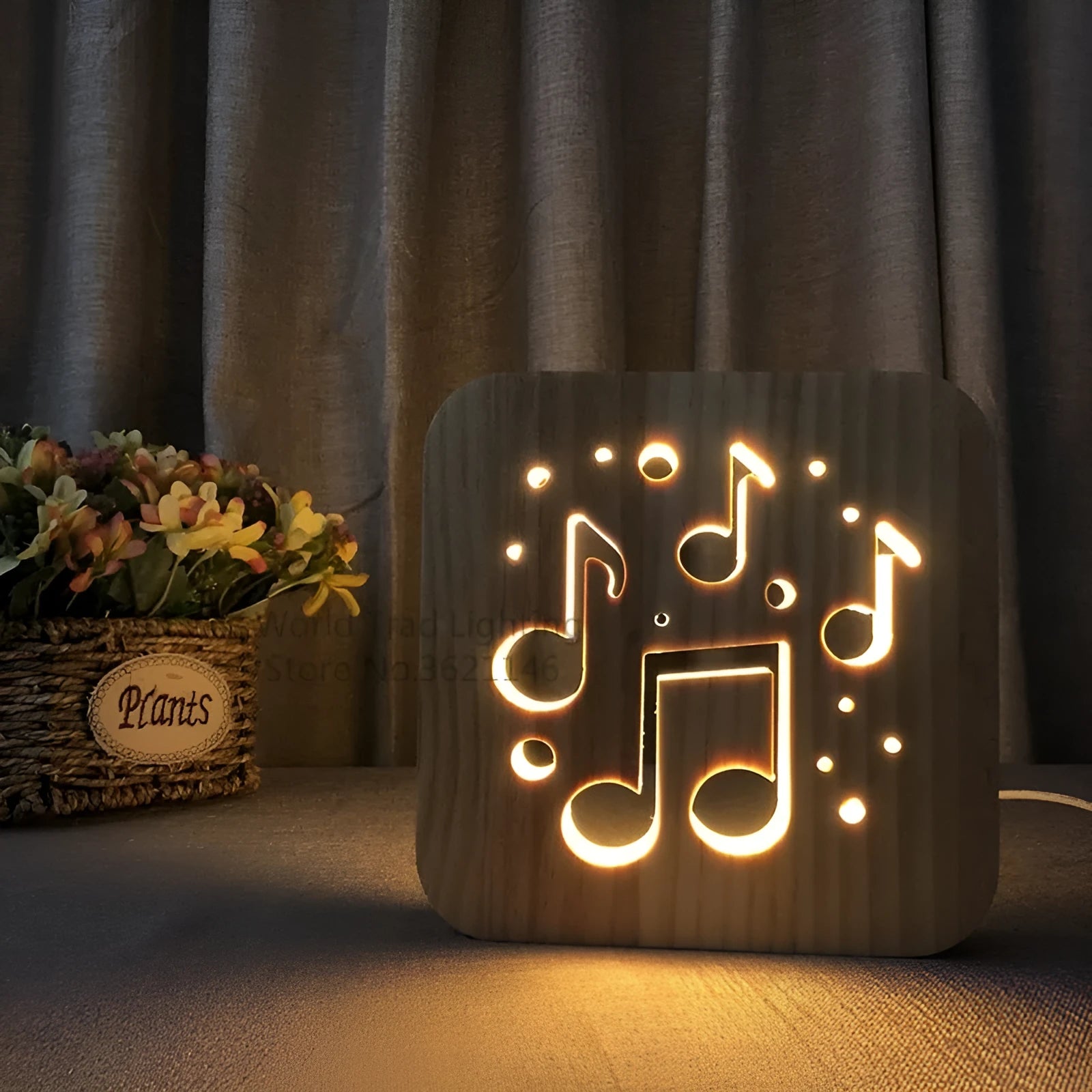 Square pine wood USB LED lamp emitting warm white light on a wooden surface.