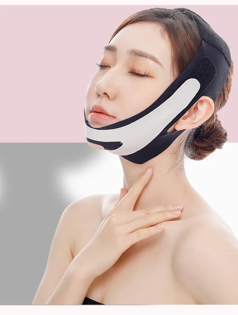 Pink and black elastic V-shaped face bandage for facial contouring