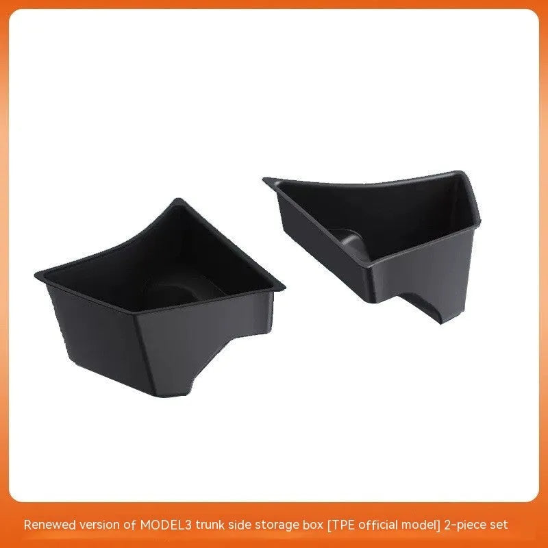 TPE trunk side storage box cover accessory for Tesla Model Y and Model 3 interior.