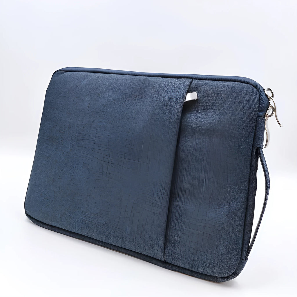 Grey canvas notebook sleeve case for Apple iPad Pro 12.9 inch tablet on a wooden desk