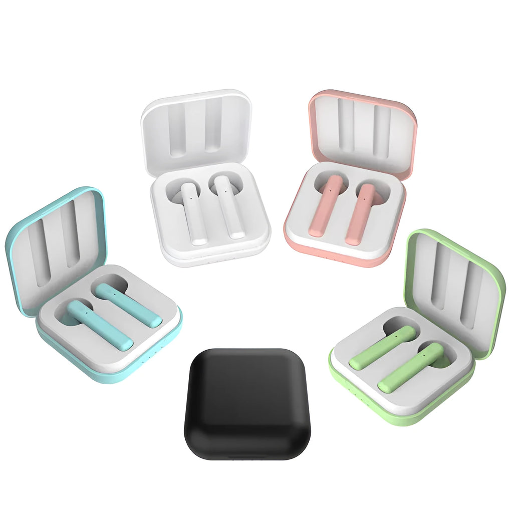 Macaron wireless sports headphones in five colour options with 10-15m range and charging bin