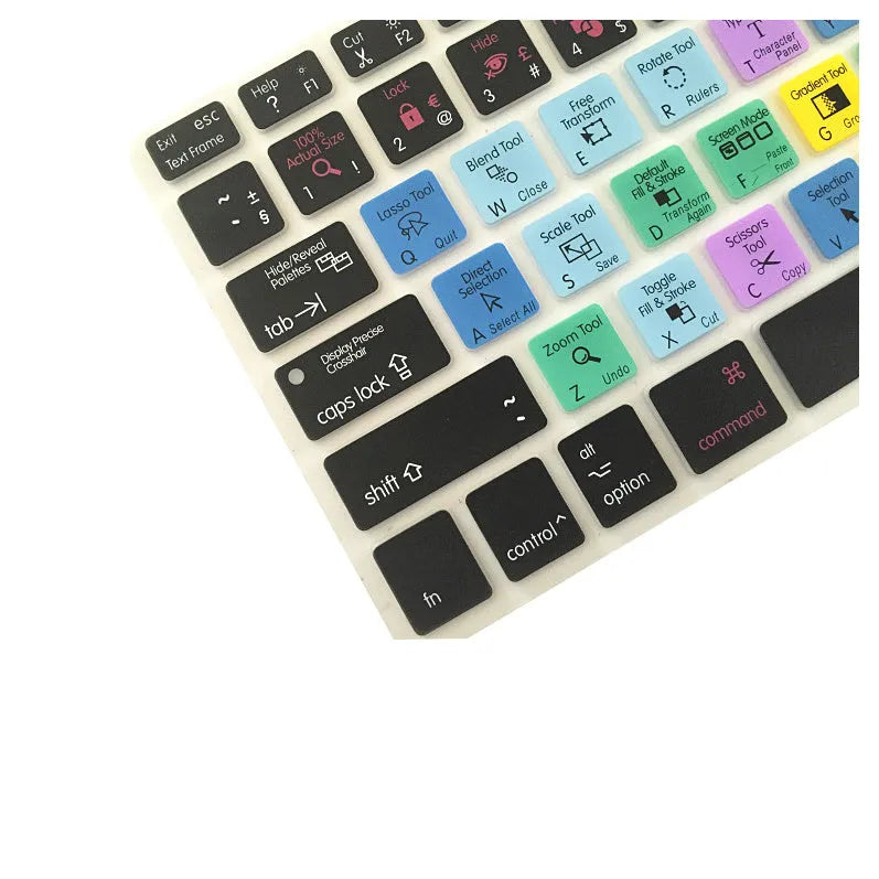 Adobe Illustrator keyboard shortcut silicone cover for MacBook Pro Air, measures 28.7 x 11.9 cm, non-Apple branded