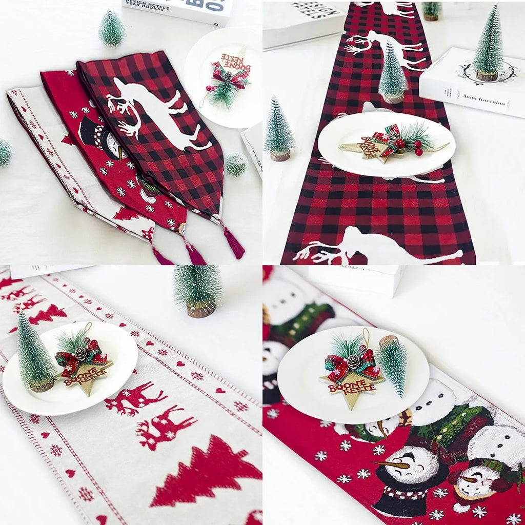 Christmas table runner with elk and snowman designs in cotton linen fabric