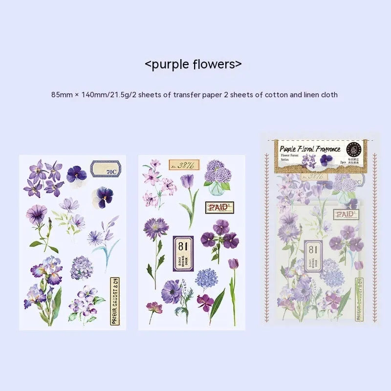 Huazhisen Series forest theme art sticker pack showing transfer paper and cotton linen sheets in literary style
