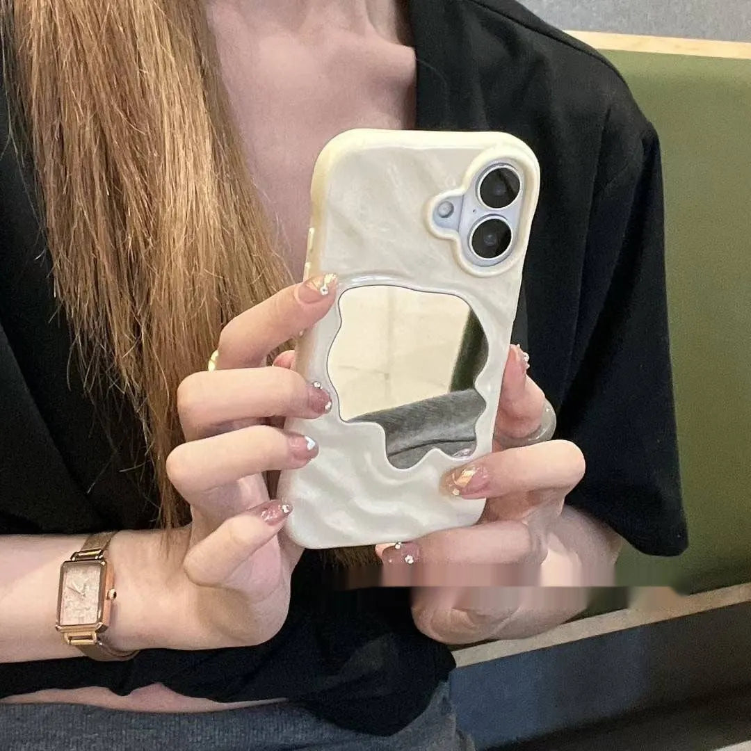 Solid colour iPhone case with water ripple texture and a small mirror, shown in beige colour.