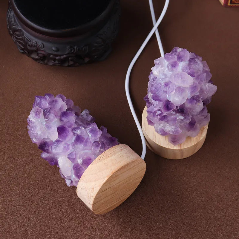 Small amethyst crystal night light with natural tooth flower formations and USB cable