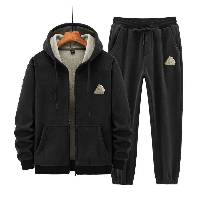 Grey cashmere hooded sweater and matching cotton pants casual sports set laid flat