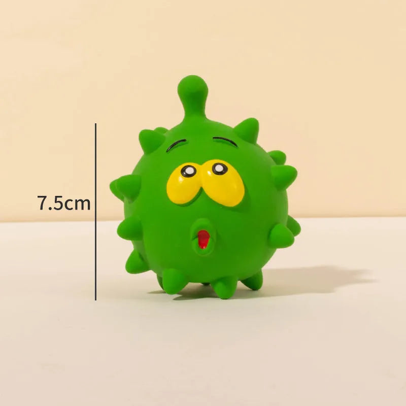 Set of four colourful squeaky dog balls with cute faces, made from natural latex rubber.