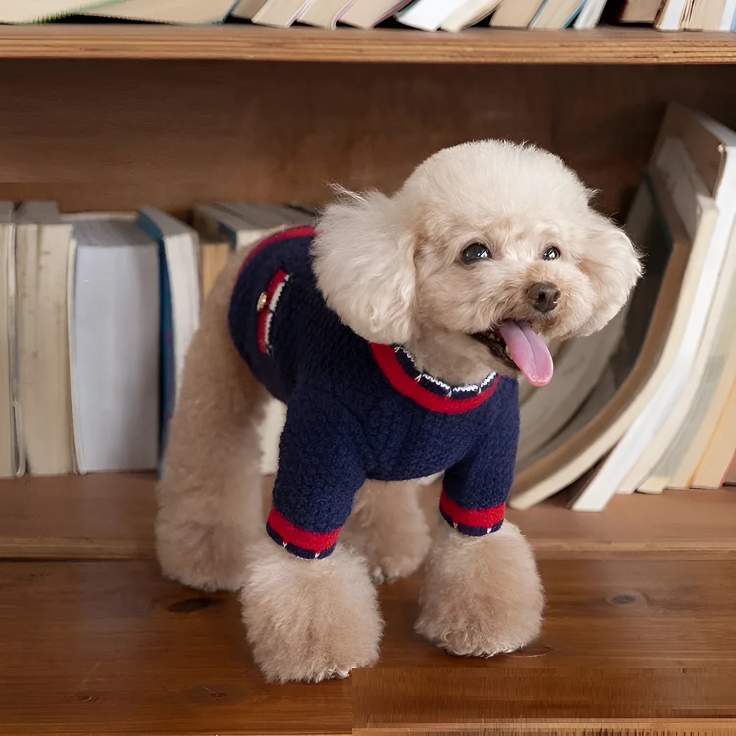 Blue Bejirog wool sweater cardigan for pets in classic princess style on mannequin