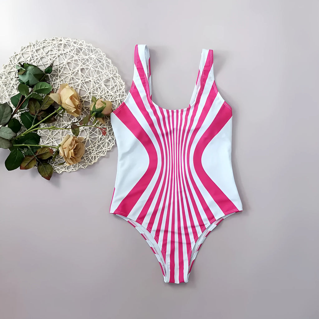 Pink striped women's one-piece swimsuit with all-over digital print on front and back.