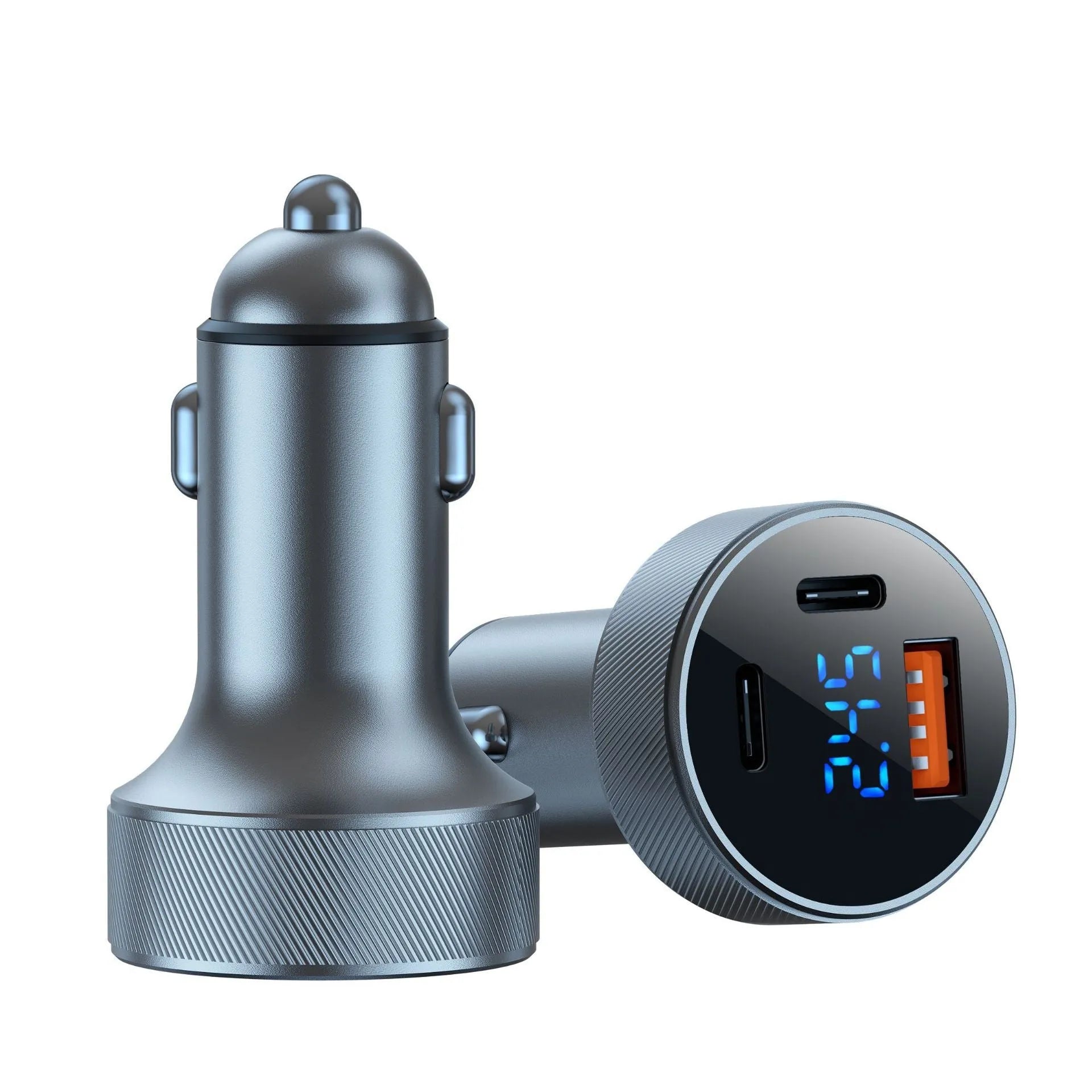Black aluminium car charger with digital display showing three charging ports