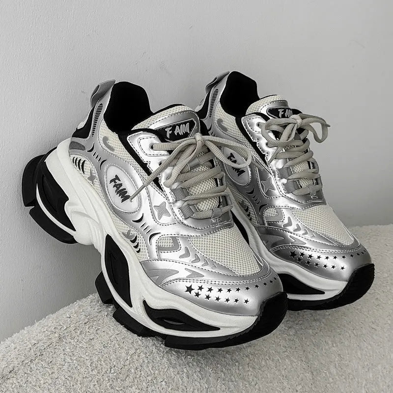 New casual men and women platform shoes with pu mesh upper, pointed toe, in black, red, silver
