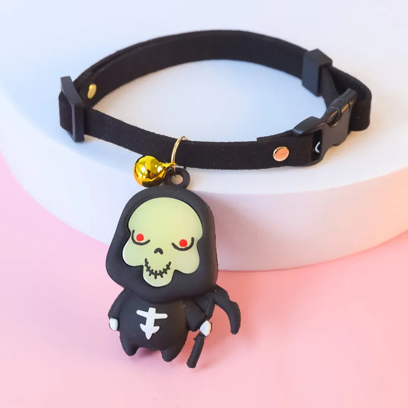 Halloween dog collar decoration in cartoon pumpkin or luminous designs on an adjustable polyester collar.