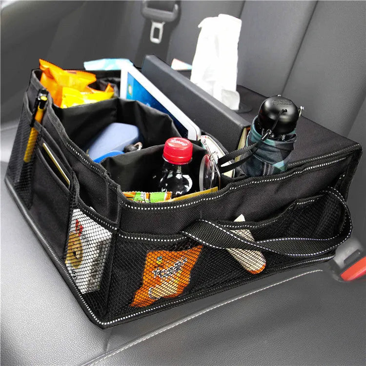 Black collapsible Oxford cloth car boot storage box showing dimensions
