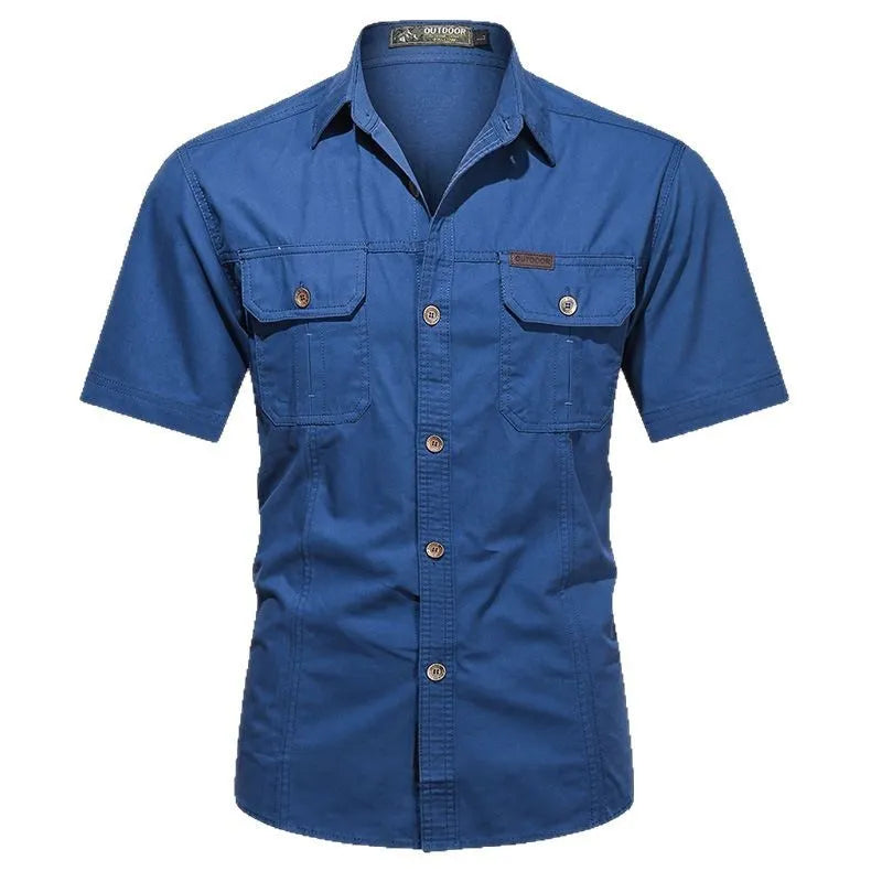 Men's loose beige cotton short sleeve cardigan-style work shirt on a hanger.