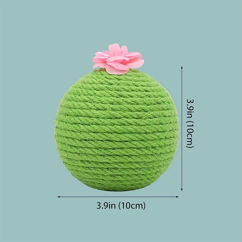 Green cactus-shaped cat activity tower with sisal scratching post and a tumbler ball catnip toy.
