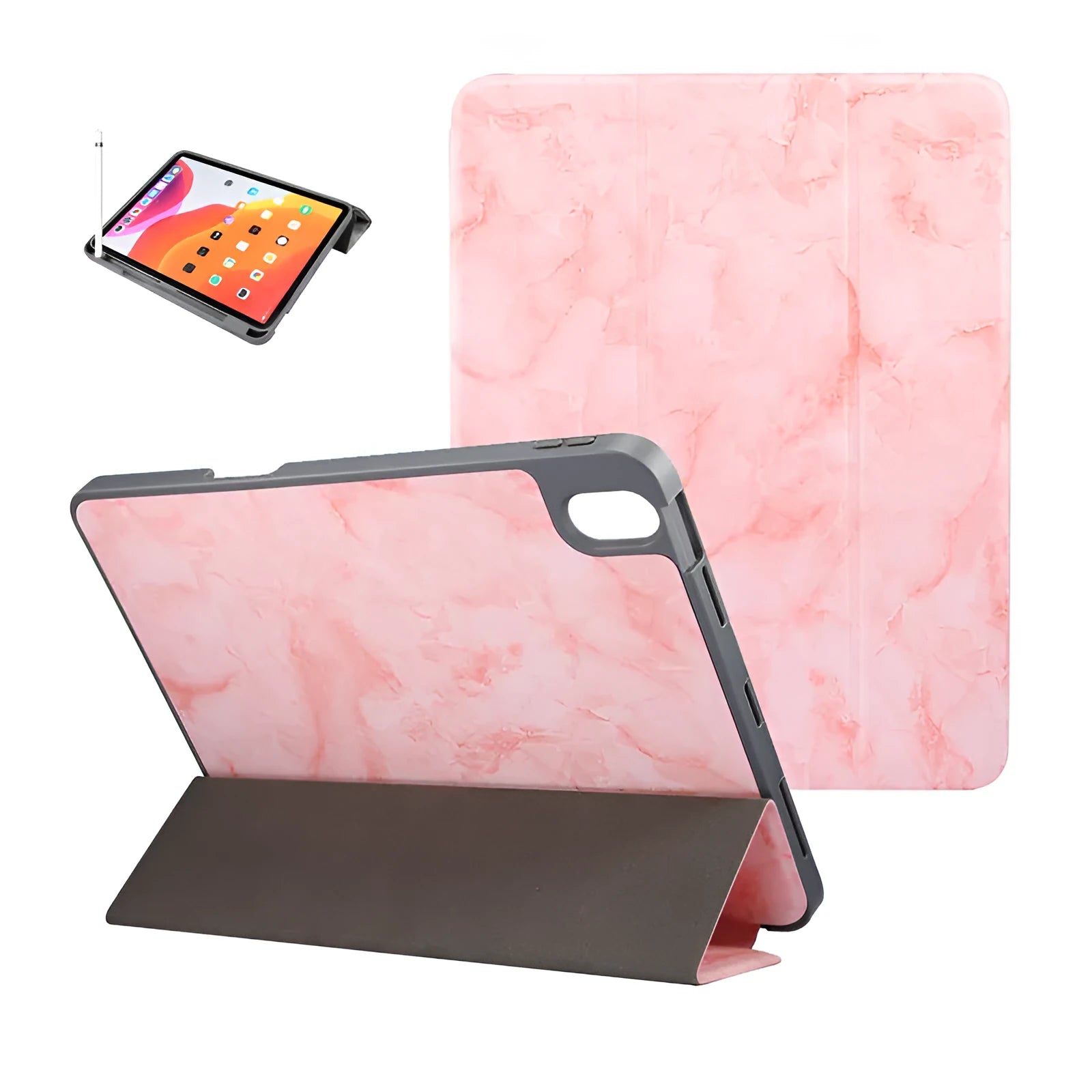 Marbled tri-fold iPad case in dark grey standing upright, showing pen slot and folded stand.