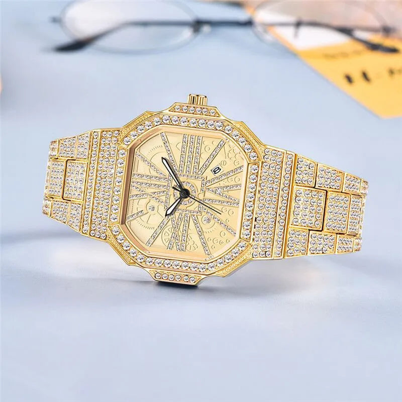 Full diamond square water diamond watch with alloy band and 46mm dial in gold finish