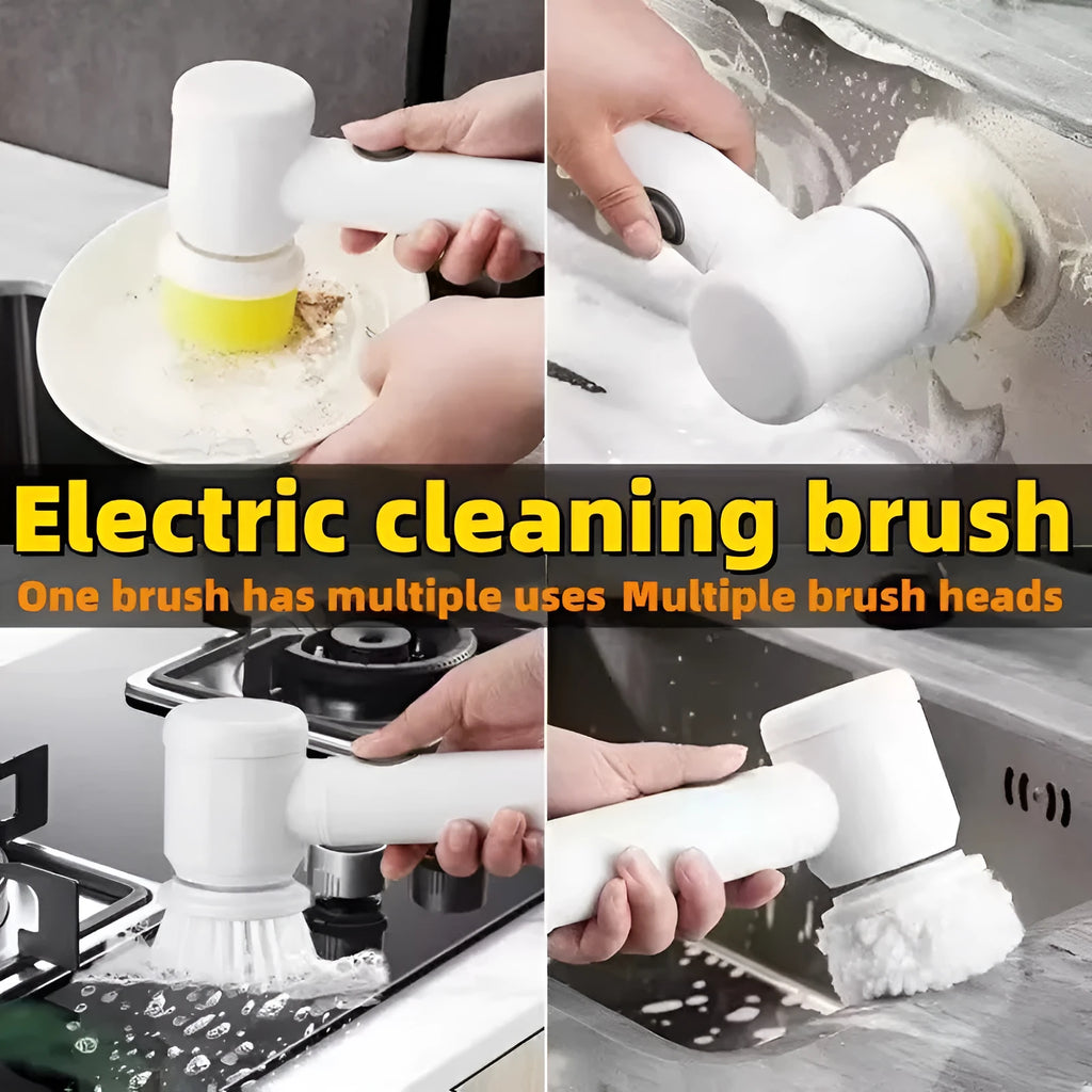 White cordless electric cleaning brush with three interchangeable nylon brush heads for bathroom and household surfaces