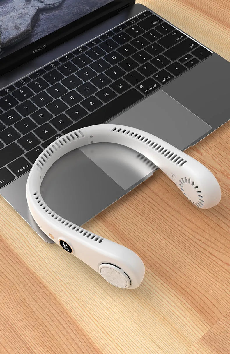 Pink USB rechargeable bladeless neck fan with flexible band, showing adjustable speed buttons.