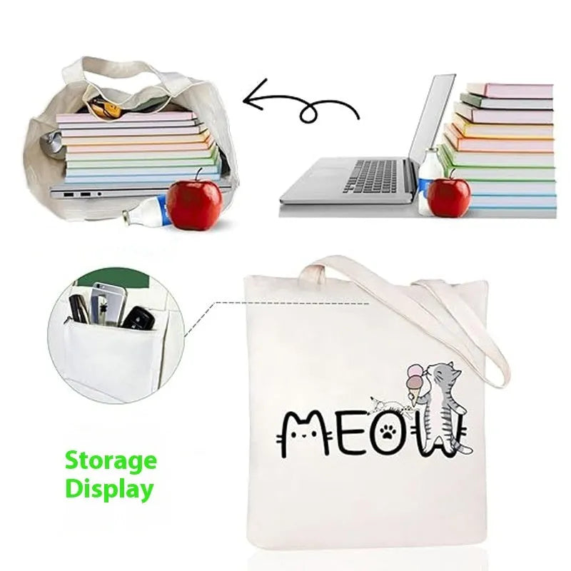 Cartoon cat print canvas shoulder bag with bottom and sides, simple modern style, loyal dog guard design