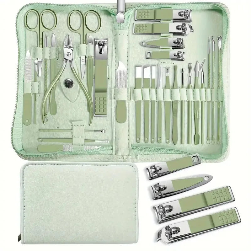 30-piece stainless steel nail beauty tool set in presentation case, colour options shown.