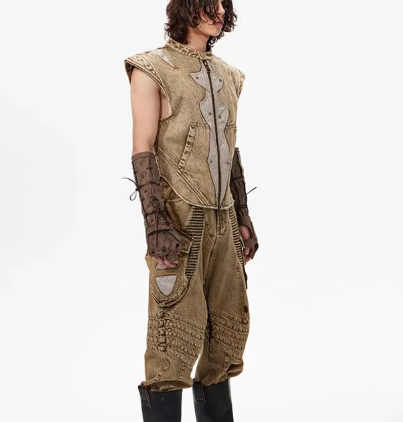 Men's Korean-style pleated denim vest in picture colour with cotton fabric construction