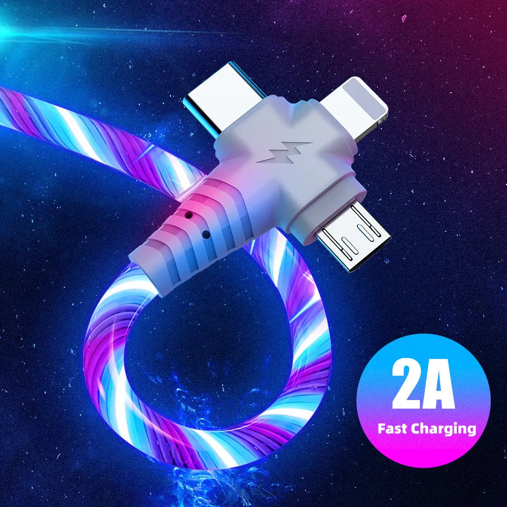 Luminous fast charging cable with aluminium alloy joint and Type C, Micro USB connectors.
