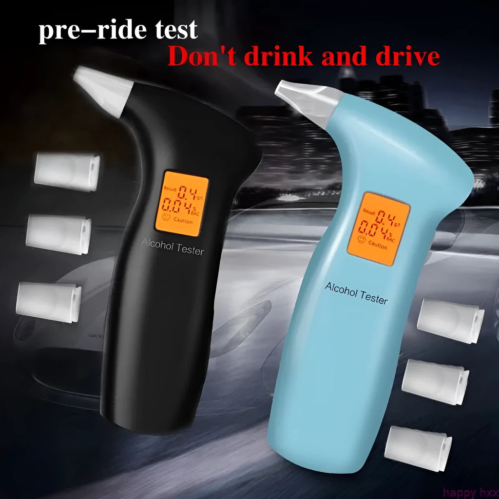 Portable orange light breath alcohol tester in black or blue casing with four separate mouthpieces.