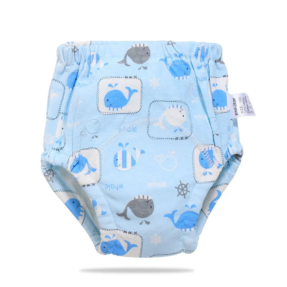 Baby training learning pants in cotton gauze with TPU waterproof layer, shown in panda print on white background