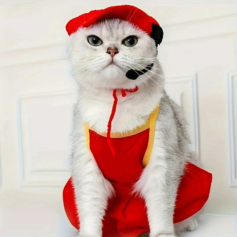 Handmade knitted cotton chef costume sweater and hat on a small cat or dog.