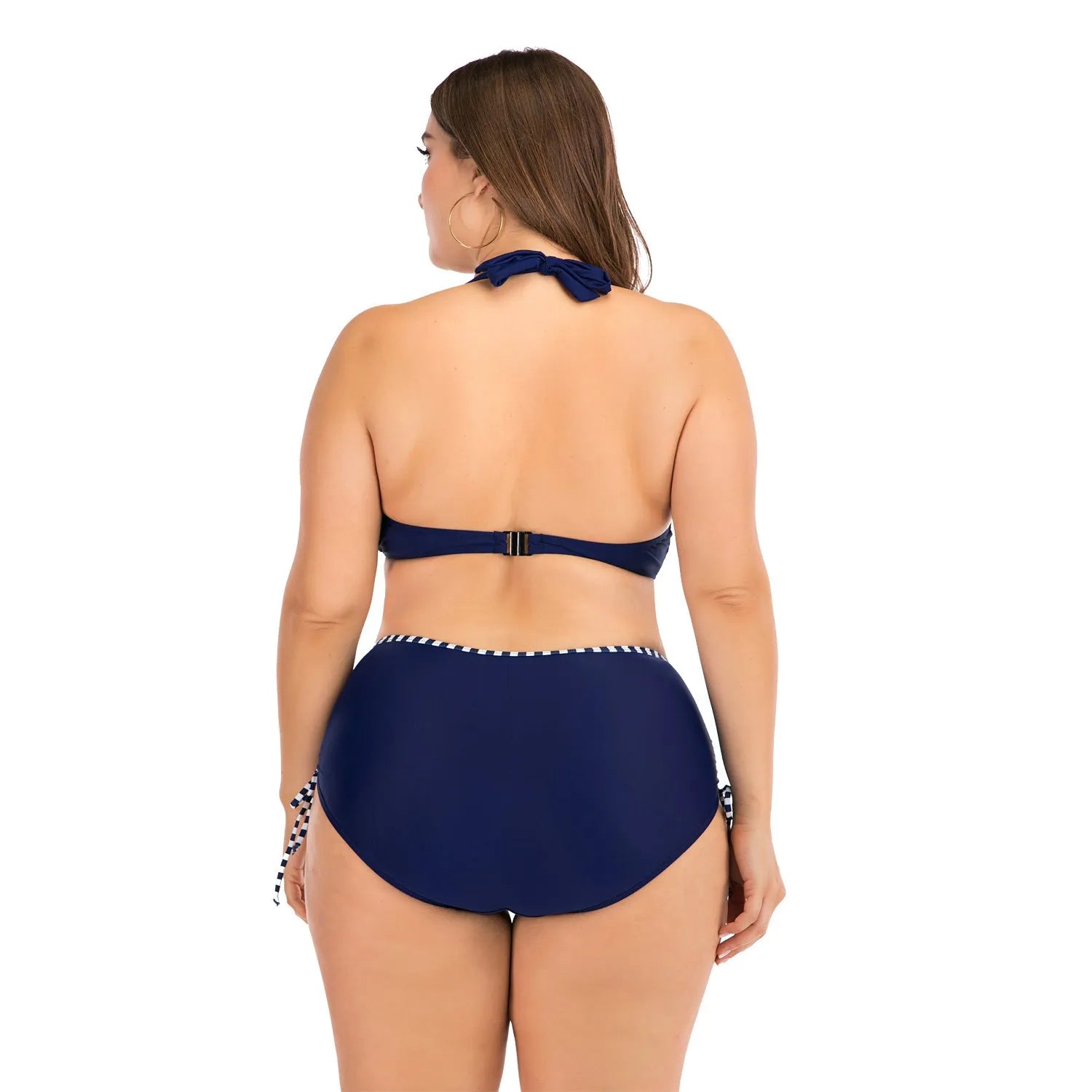 Plus size dark blue stripe bikini with high-elasticity nylon fabric and widening thickened straps