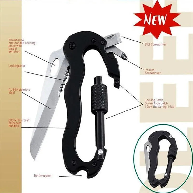 Black multifunctional carabiner hanging buckle with folding knife, 420J2 steel blade, aluminium alloy shell, folded size 10.5cm