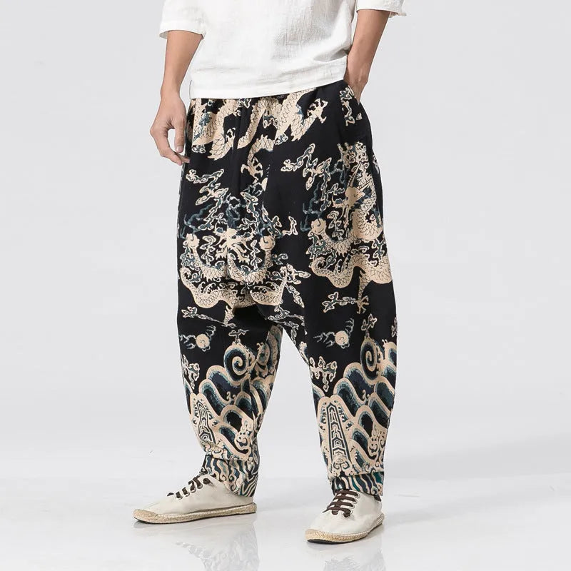 Men's dragon print harem pants with elastic waist and loose fit, available in multiple sizes