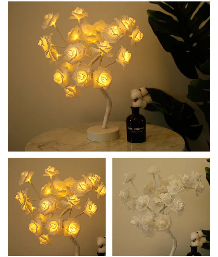 White and red rose flower LED table lamp with bonsai tree base and warm white lights