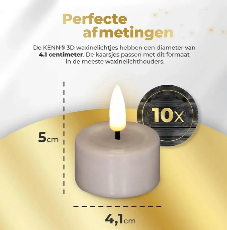 Set of four taupe-coloured LED tealight candles with realistic 3D flame effect showing flickering light