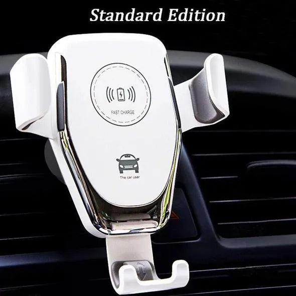 Black car wireless charger mounted on a dashboard, automatically holding an iPhone.