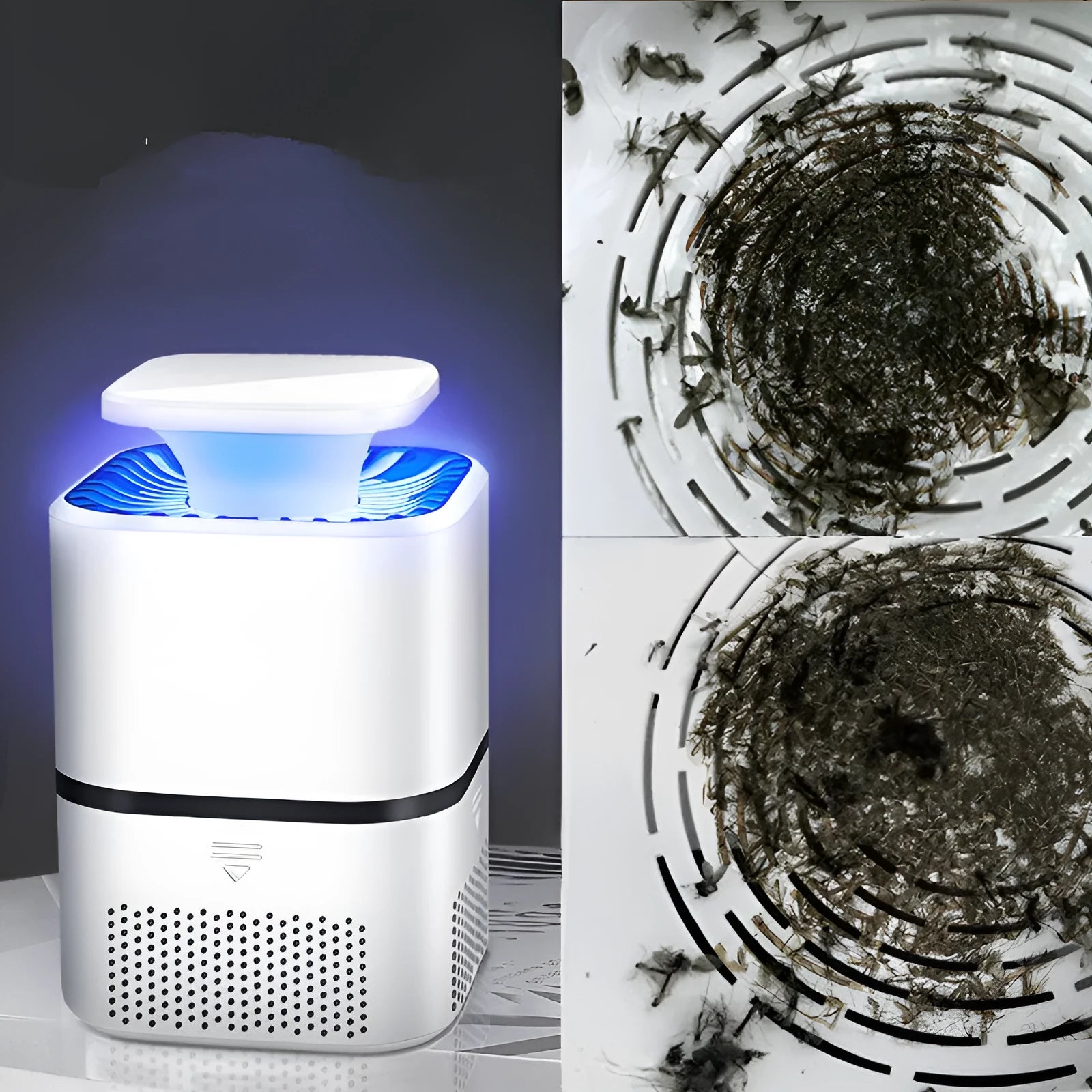 White ultimate version photocatalyst mosquito killer with blue light on a flat surface, USB cable attached