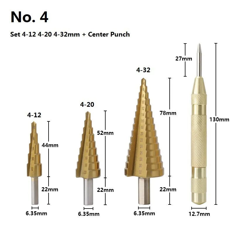 HSS steel cone drill bit and centre punch set for metalworking with step drill design