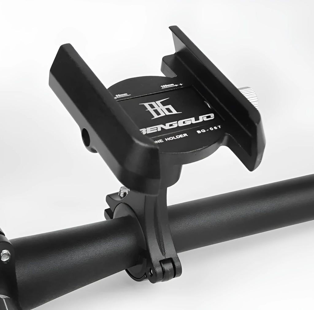 Black aluminium alloy bicycle phone holder mounted on a handlebar with a mobile phone.