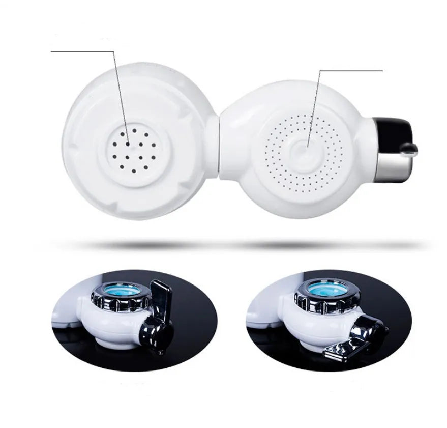 White plastic faucet water filter with ceramic cartridge and set of thread adapters